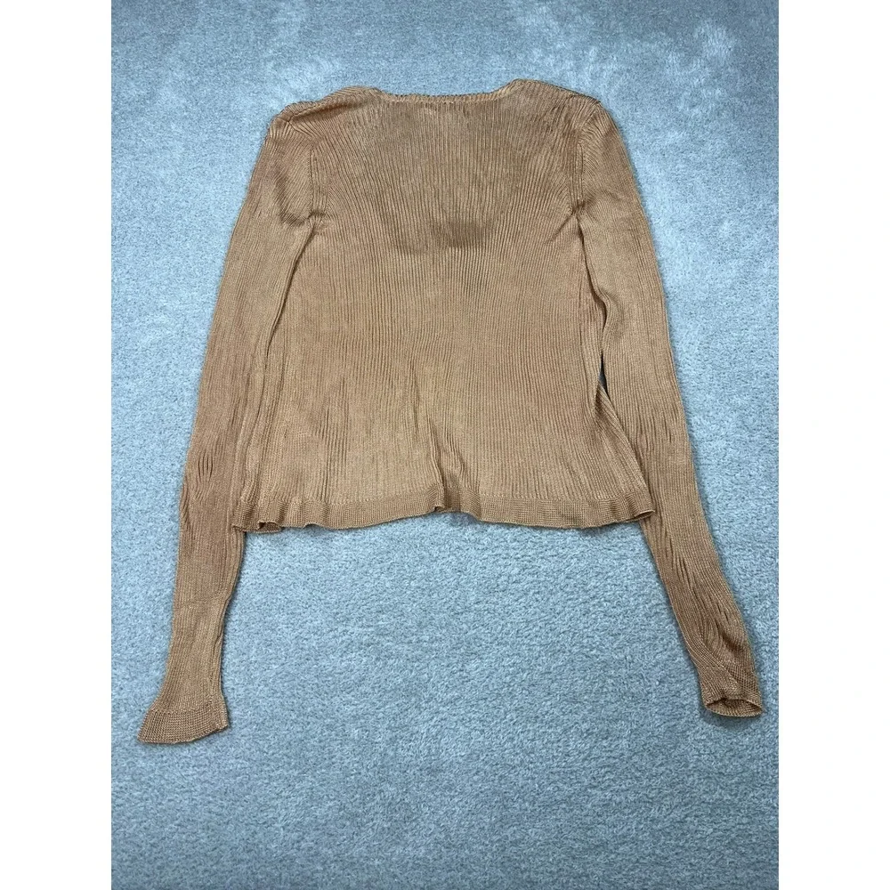 Free People Ribbed Tie Front Cardigan Tan Gold Metallic Knit Top XS